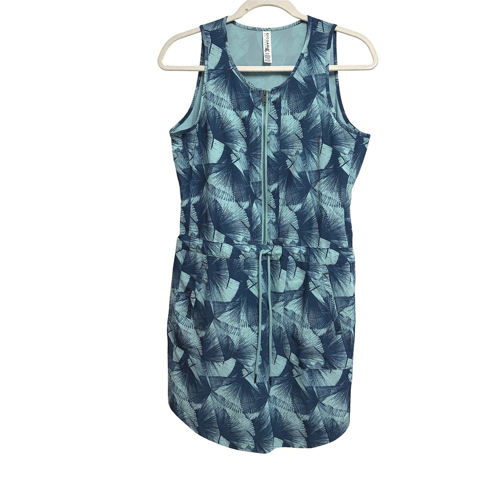 Kyodan Outdoor Palm Print Zip Front Dress Pickleball Resort Blue Sleeveless P/S
